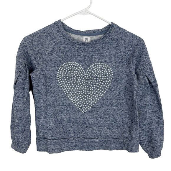 Gap Pearl Studded Heart Pleat Sleeve Blue Sweatshirt Girls Medium - Picture 1 of 5
